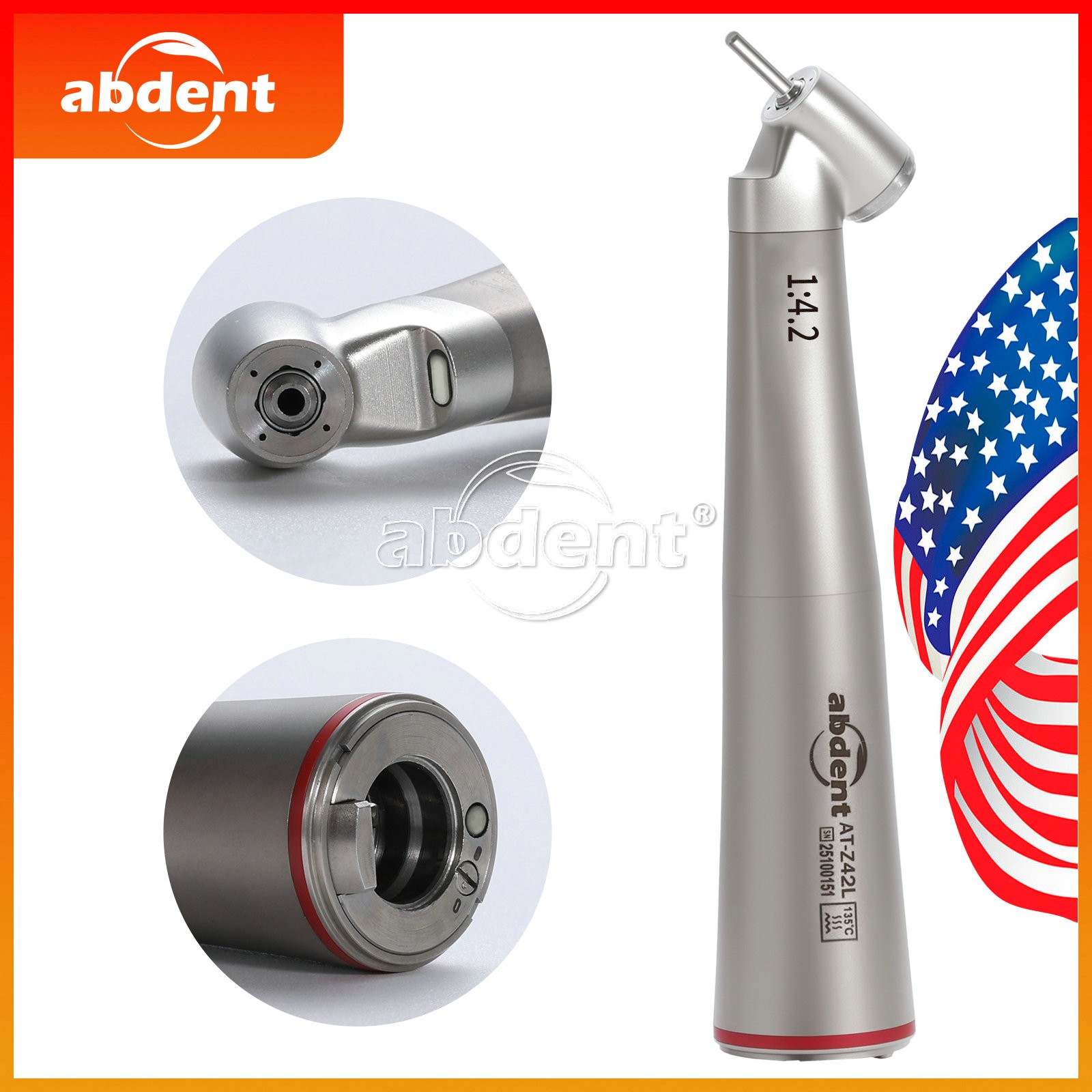 abdent 45° Electric Contra Angle LED Optic 1:4.2 Handpiece Quattro Spray