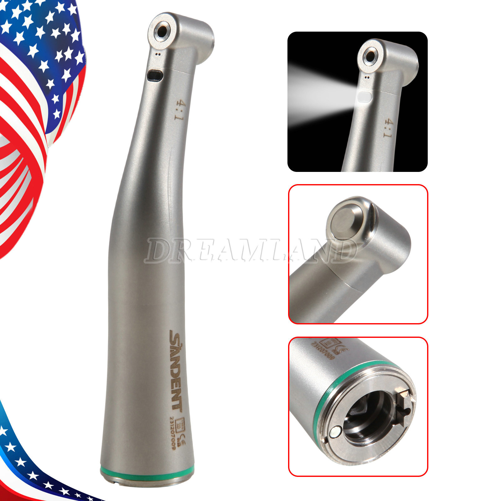 Dental 4:1 LED Fiber Optic Contra Angle Handpiece Quattro Spray Internal Channel