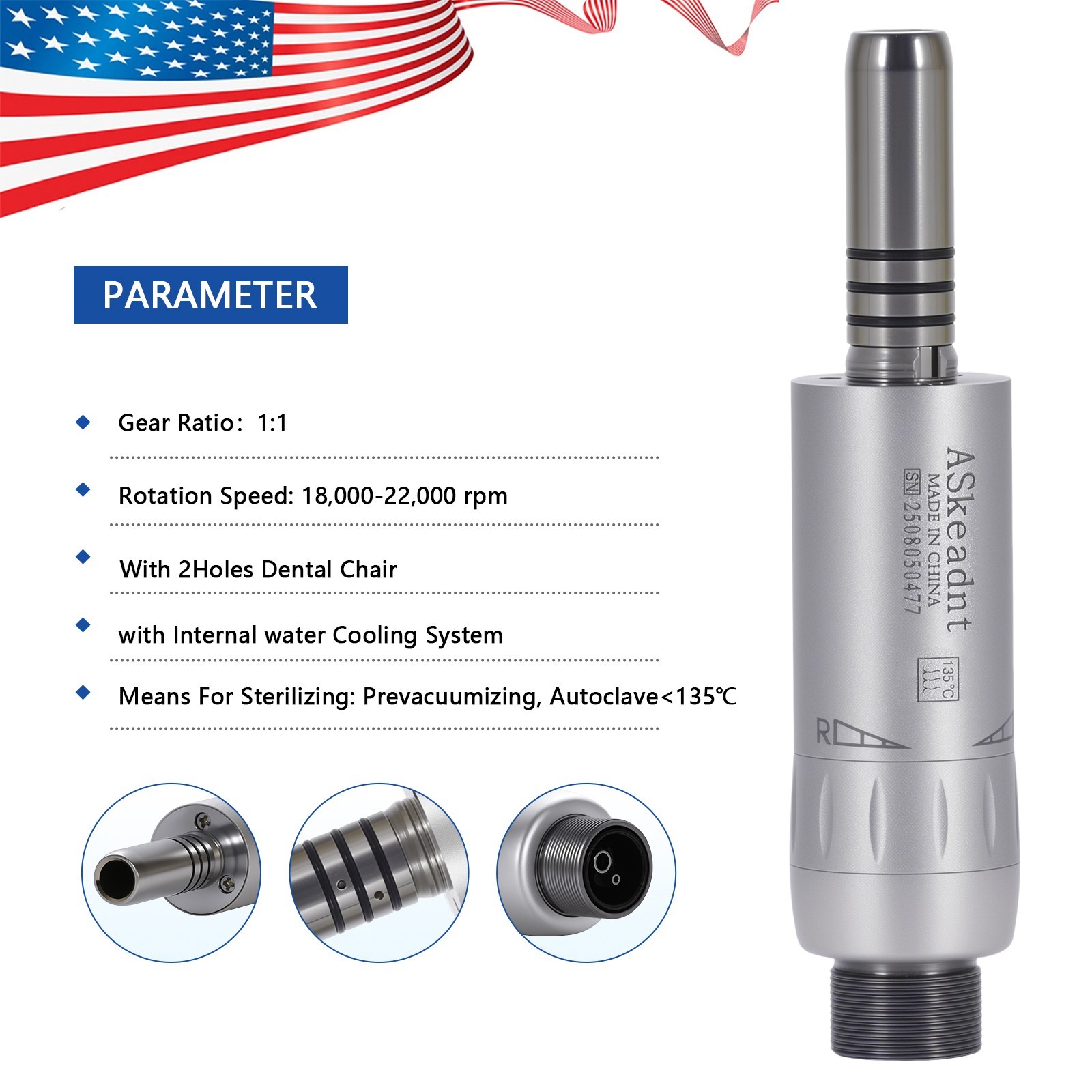 ASkeadnt Dental Slow Low Speed Air Motor Handpiece Internal Water Spray 2 Holes