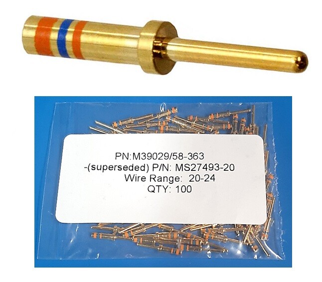 QTY 100 M39029/58-363 CONTACTS SEALED BAG Circular MIL Spec PIN 20 GA Gold