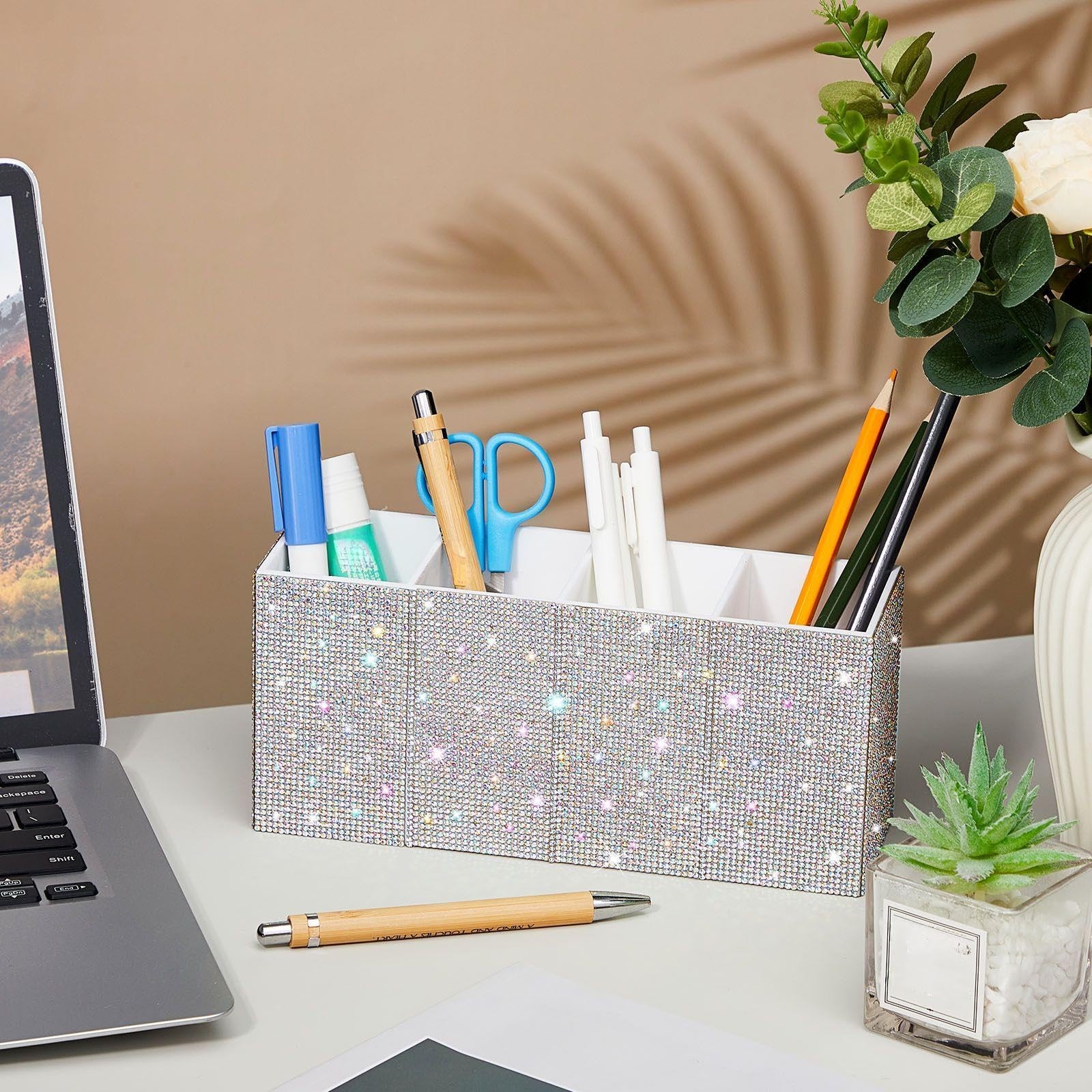 Bling Desk Organizer for Women, Rhinestone Pen Makeup Brush Holder, Girly Des…