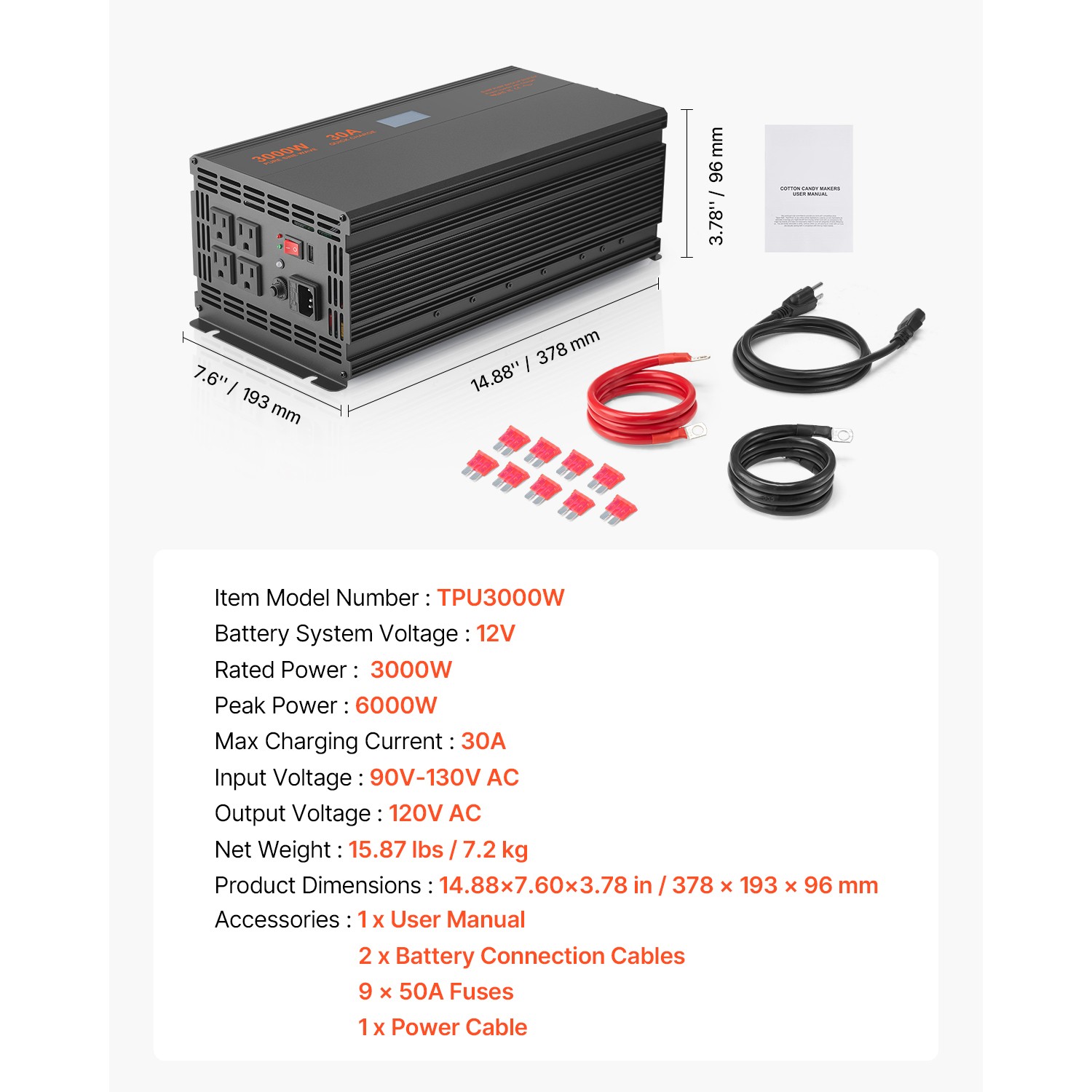 Sump Pump Battery Backup System 3000W LCD Auto Switches to Battery Inverter