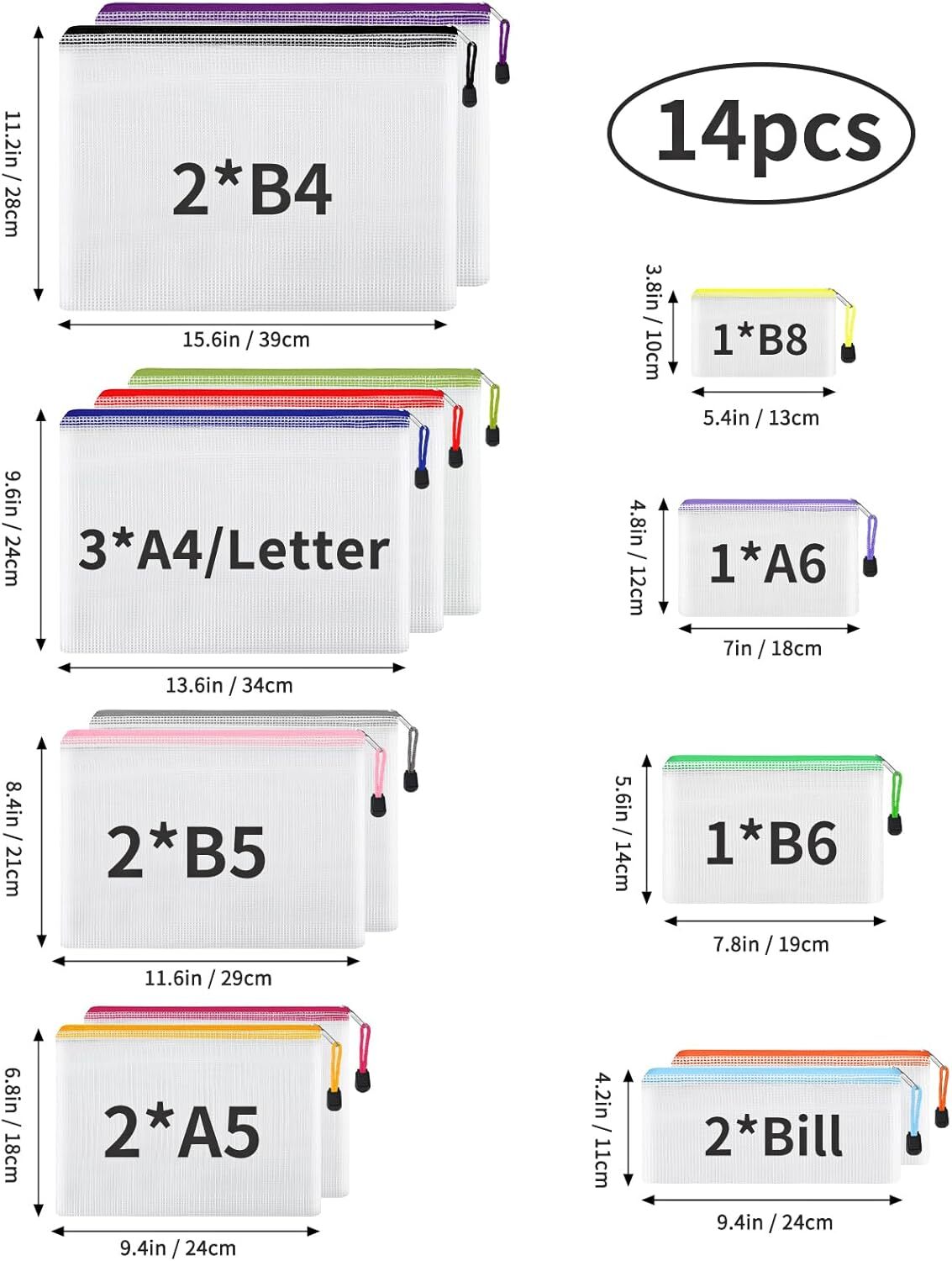 14Pcs Zipper Pouches for Organizing w/ Zipper, Mesh Zipper Pouch Bags, 8 Sizes