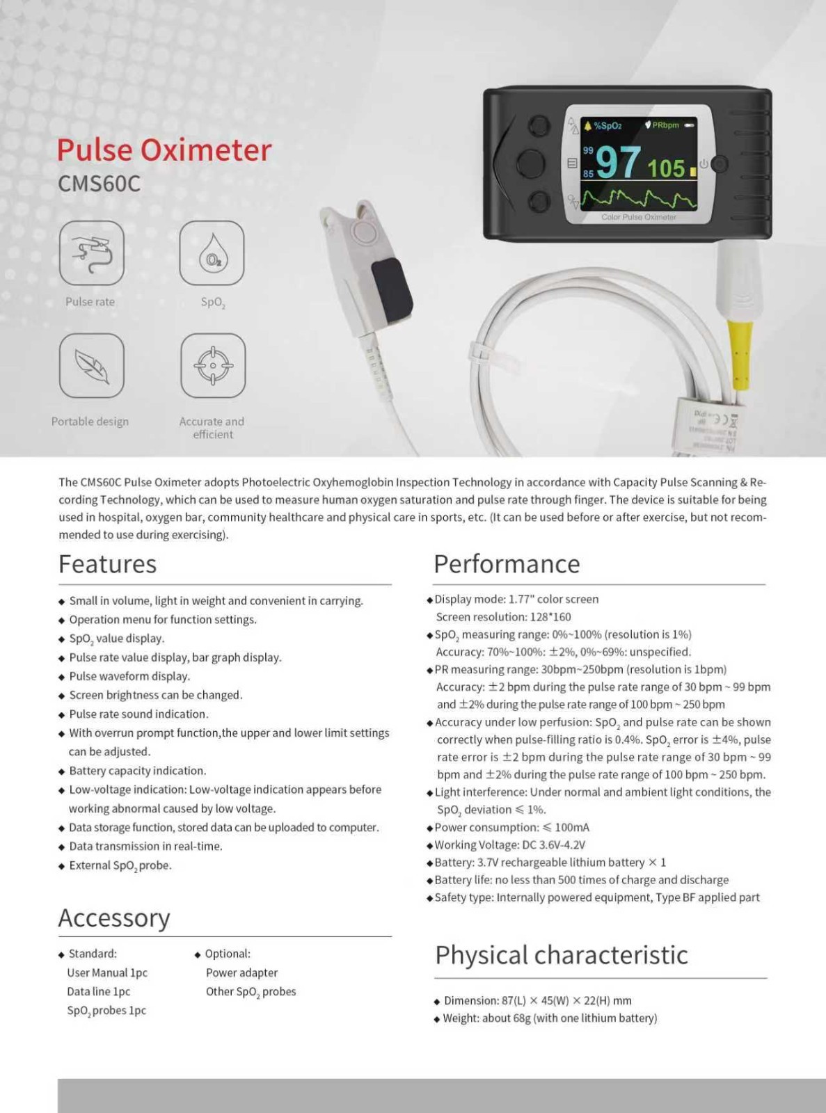 FDA CMS60C 24h Finger Pulse Oximeter SpO2 Blood Oxygen Sensor Heart Rate monitor