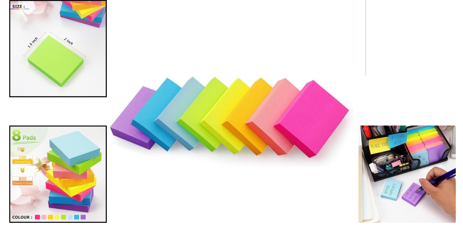 Brightly Colored 1.5×2 Inch Sticky Notes – 8 Pads, 800 Sheets for Reminders