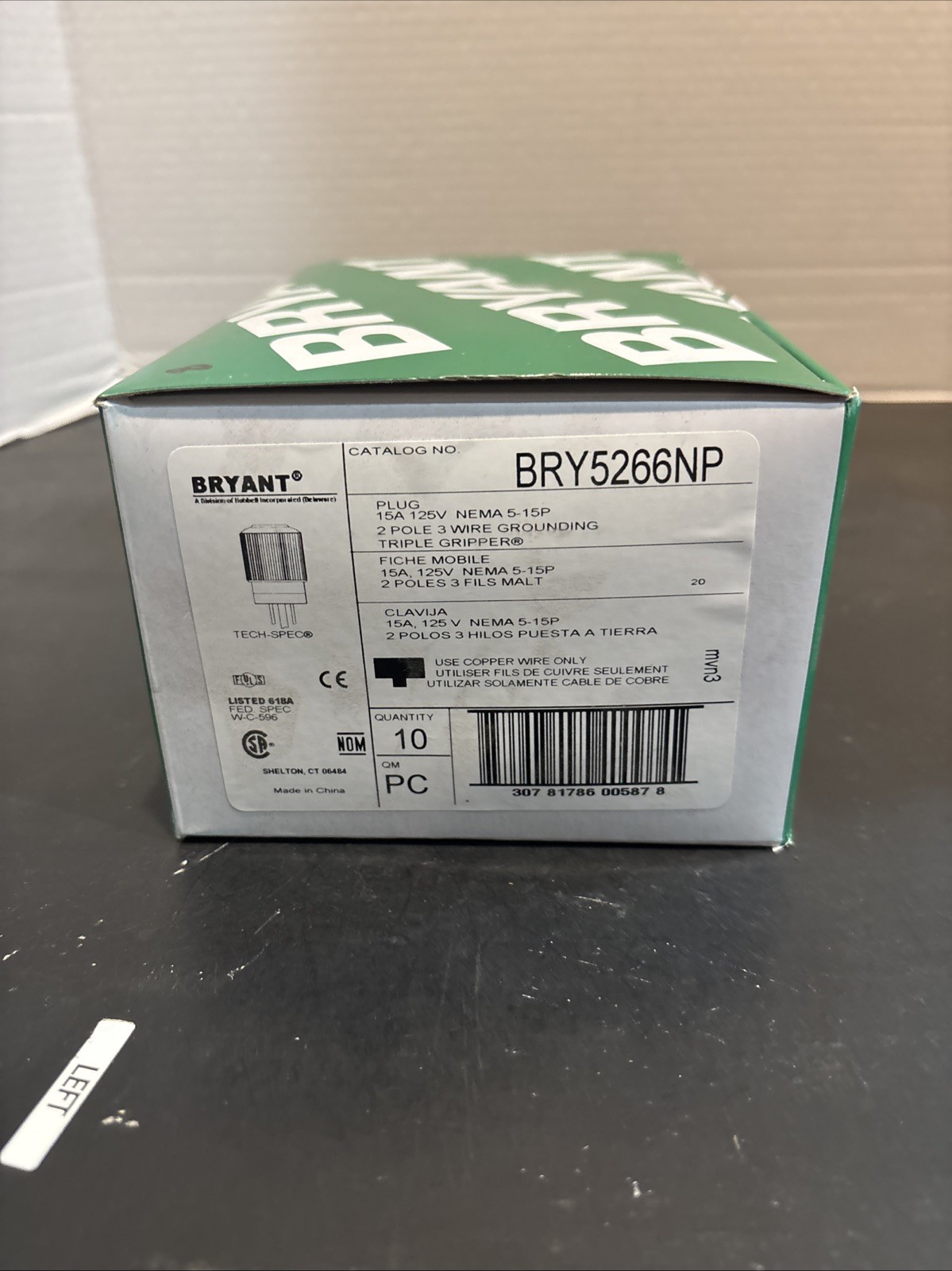 BOX OF (10) BRYANT 15A-125V PLUG, #BRY5266NP, 2-POLE 3-WIRE GROUNDING PLUGS NOS