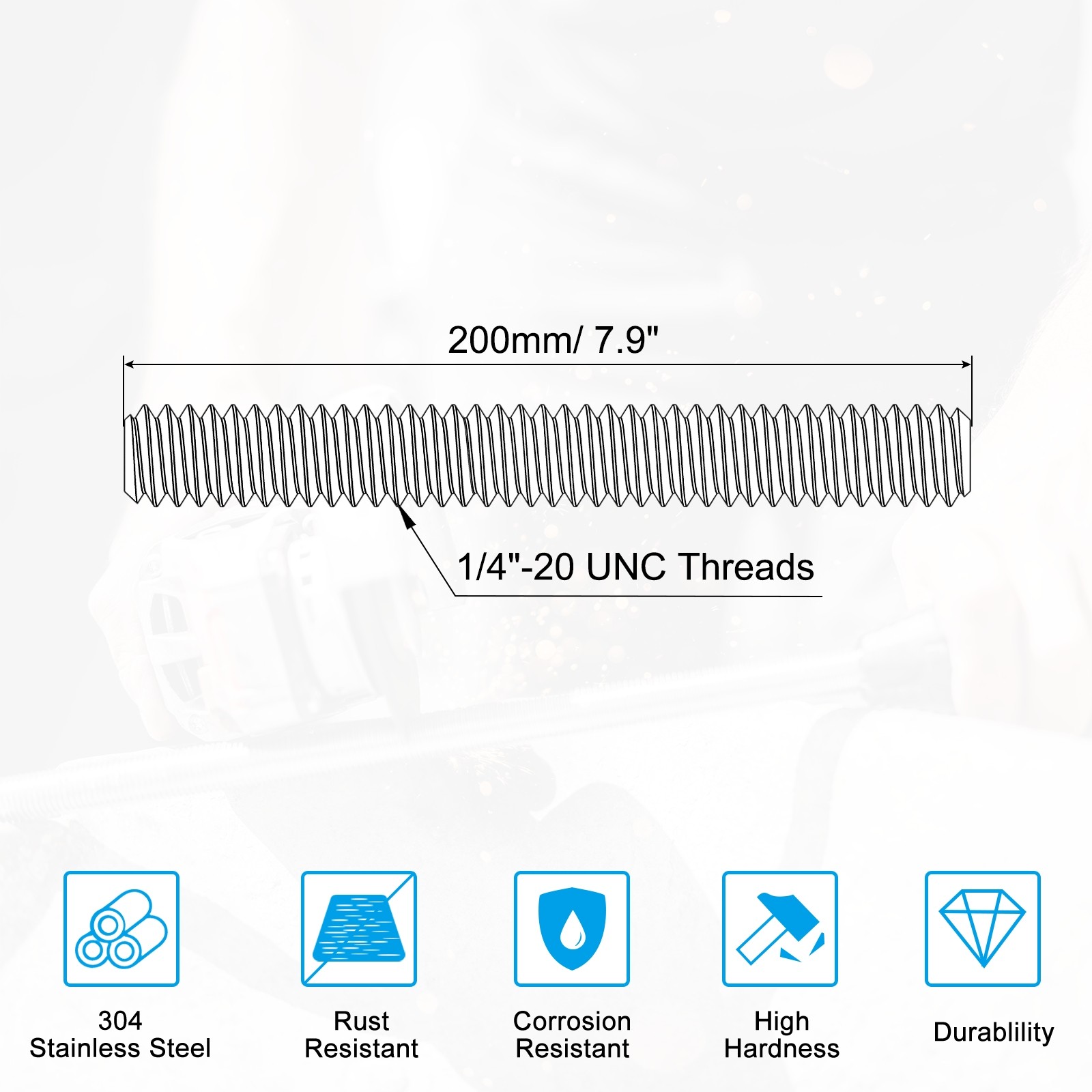 1/4″-20 Fully Threaded Rod, 7.9″ Length 304 Stainless Steel Thread Screw