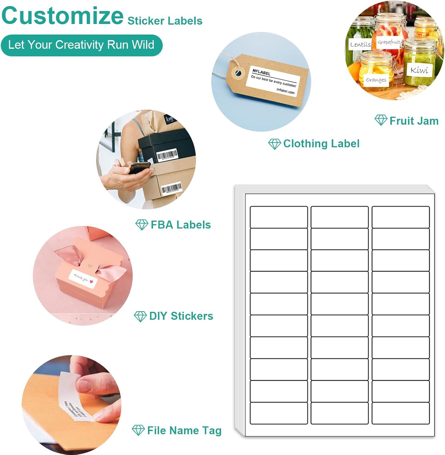 100 Sheets 1″x2-5/8″ Address Shipping Labels Stickers 30-UP for Inkjet and Laser