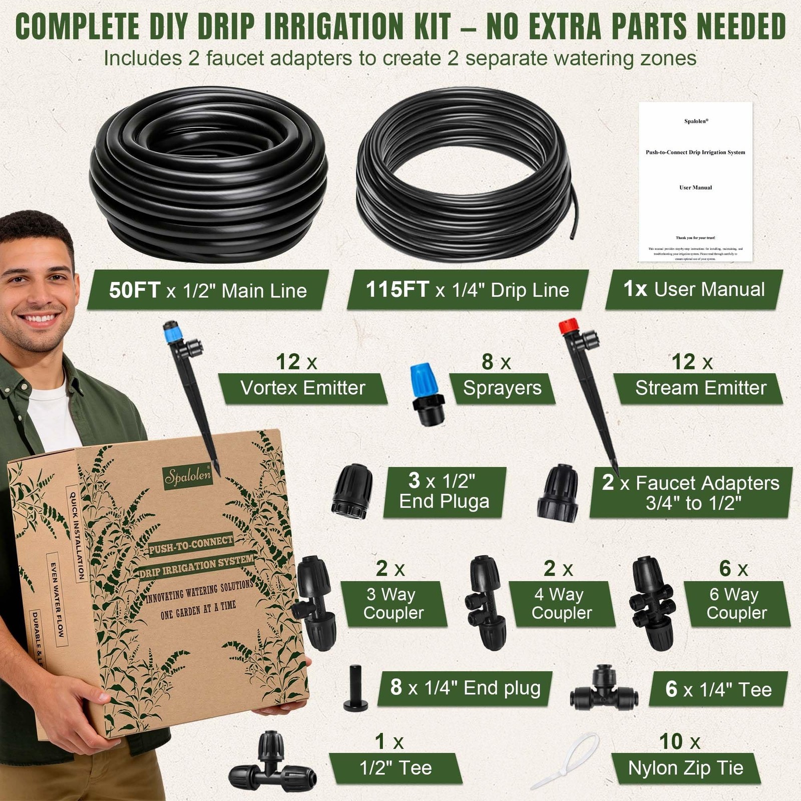 Push-to-Connect Drip Irrigation System Kit, 2-Zone Garden Watering System wit…
