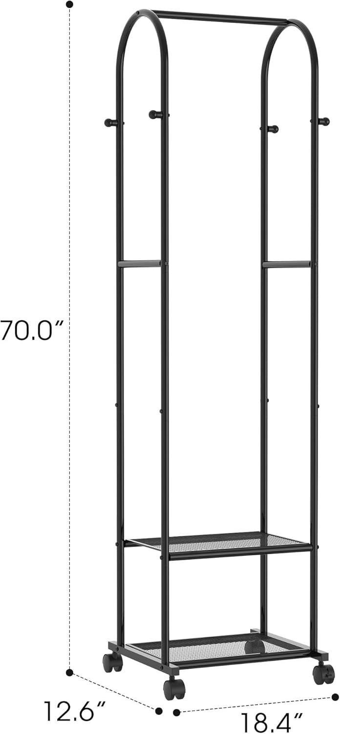 Clothes Rack with Wheels, Space Saving Garment Storage Unit, 70 Inch Tall, Black
