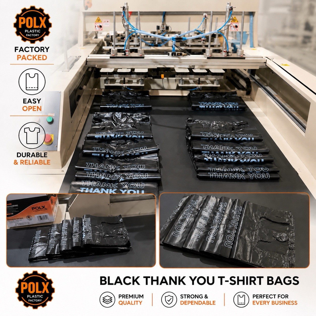 1000 Black Thank You T-Shirt Bags Easy Open HDPE Grocery Carryout 12x7x22 USA