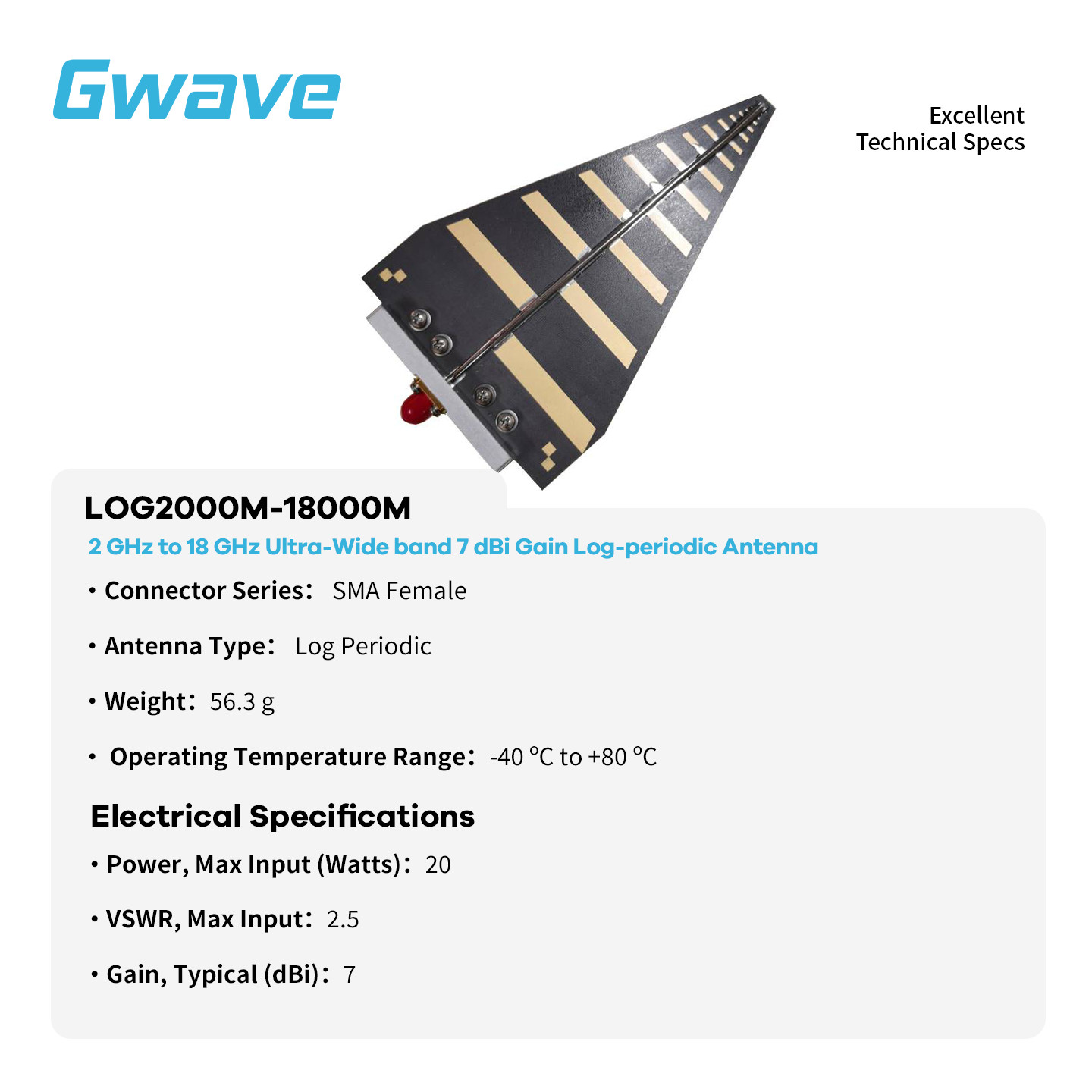 2 GHz to 18 GHz Ultra-Wide band 7 dBi Gain Log-periodic Antenna