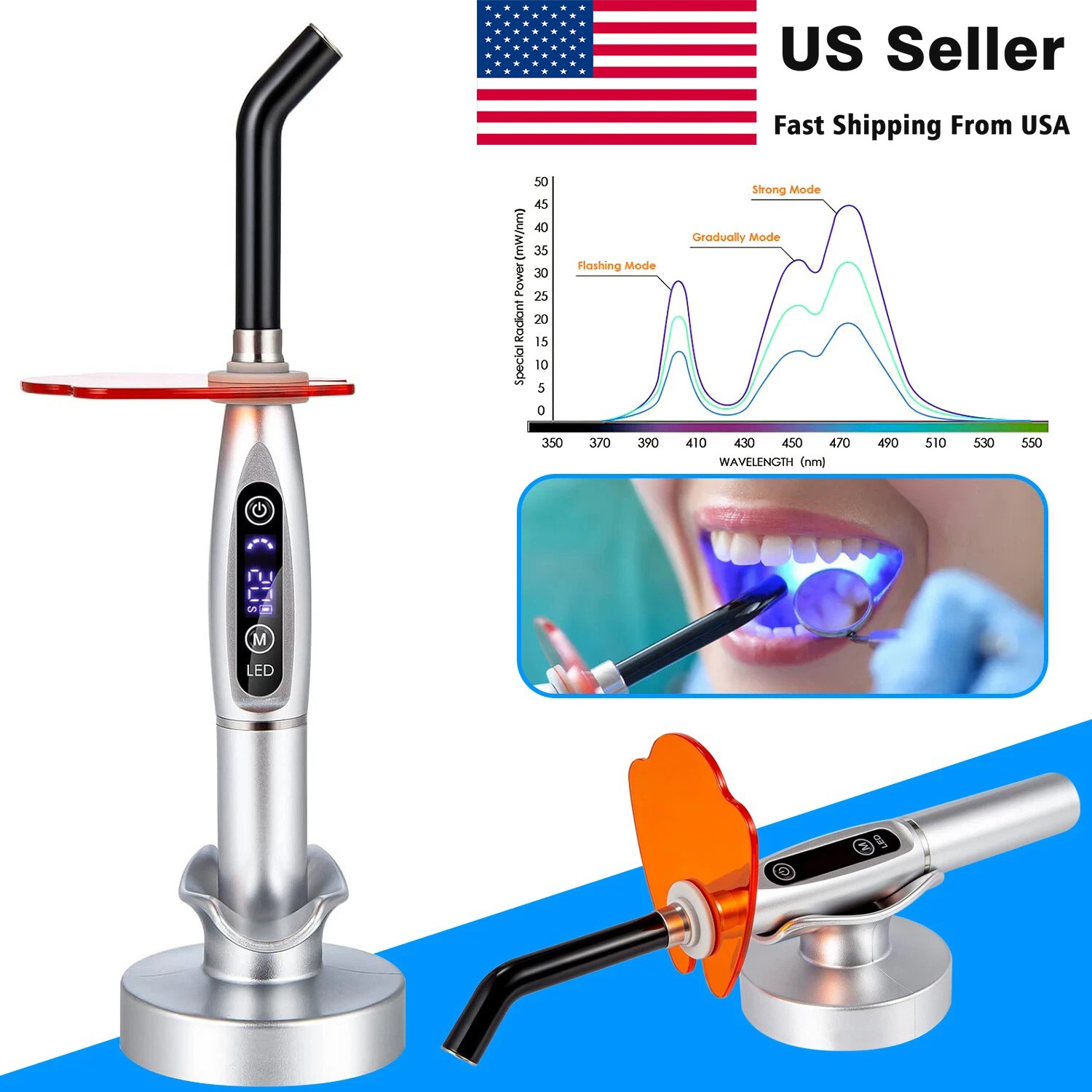 Dental LED Cure Curing Light Lamp 2000mw 5W Tool Resin Cure Cordless Wireless