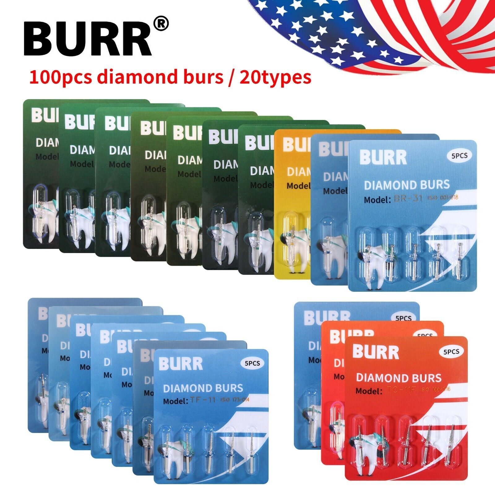 Dent Diamond Burs for fit High Speed Handpiece Medium FG 1.60mm 20 fixed types