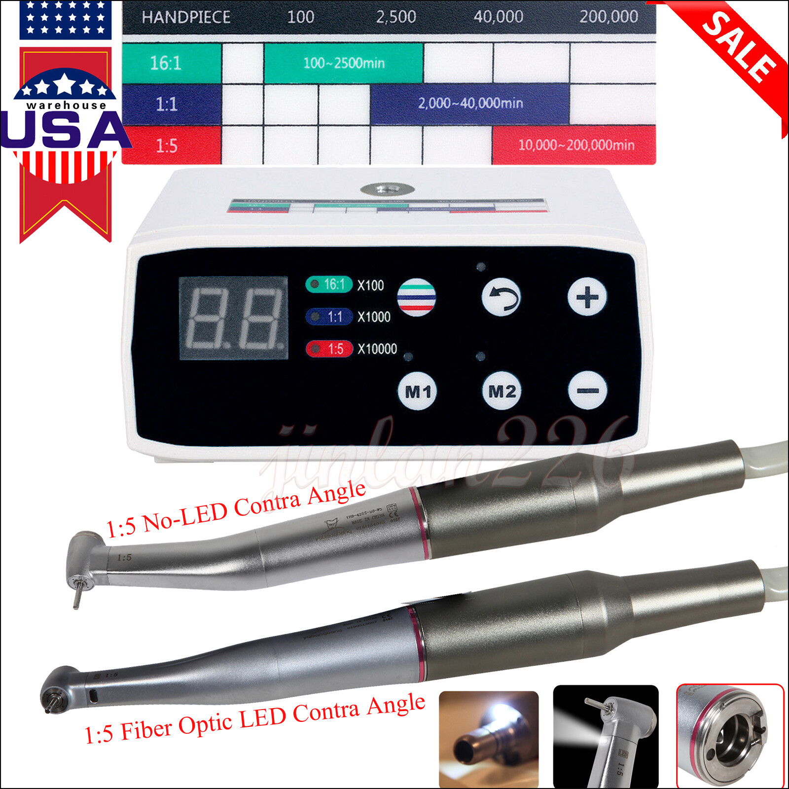 NSK Ti-MAX X95L Style Dental 1:5 LED Fiber Optic Contra Angle Handpiece Red Ring