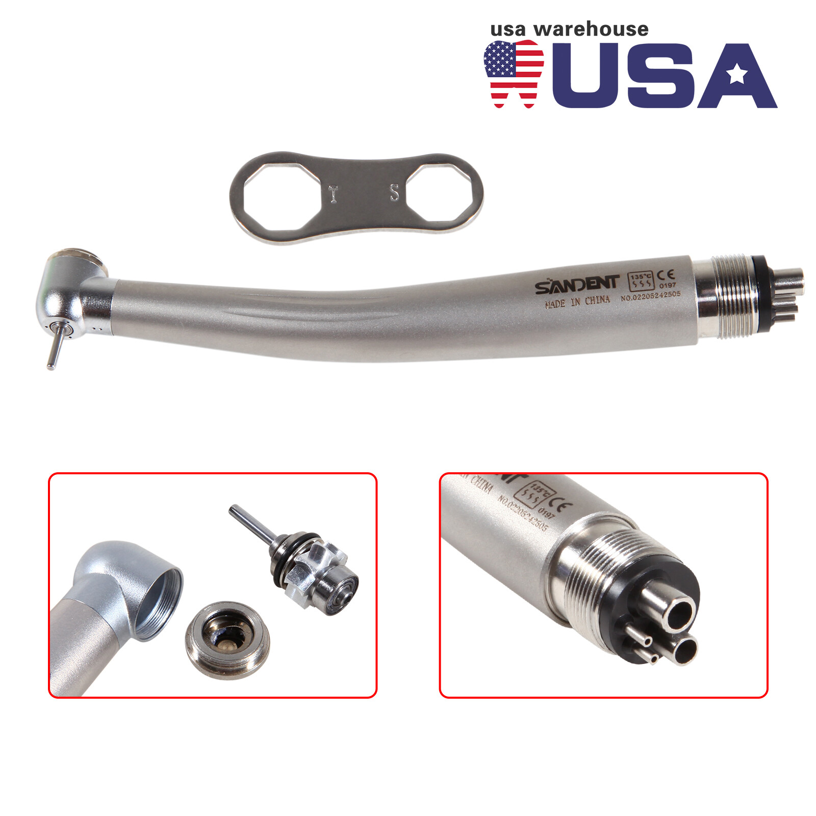 SANDENT Standard Head Dental Air Turbine High Speed Push Button Handpiece 4 Hole