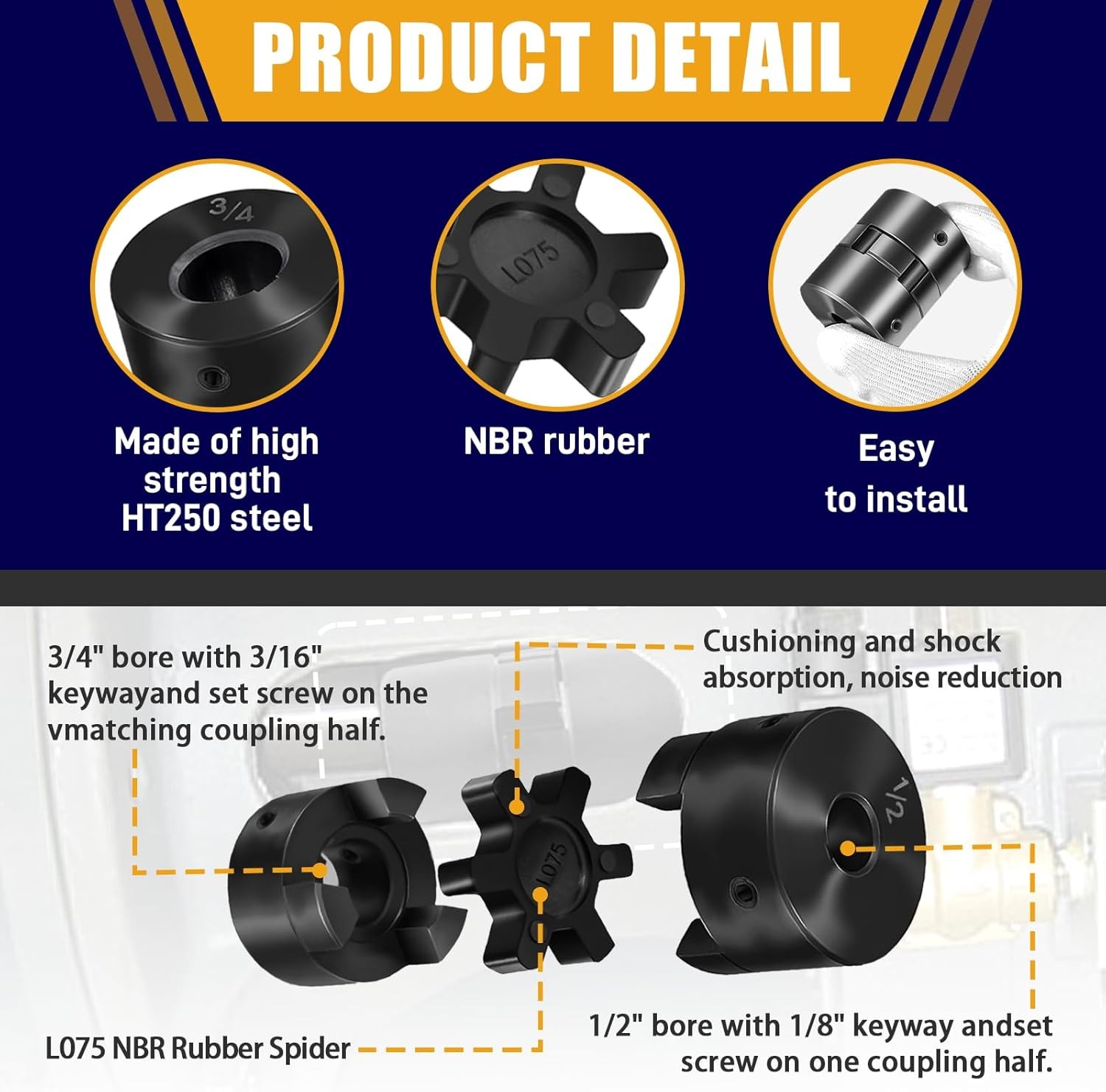1/2″ to 3/4″ L075 Flexible L-Jaw Coupling Coupler Set Rubber For Log Splitter