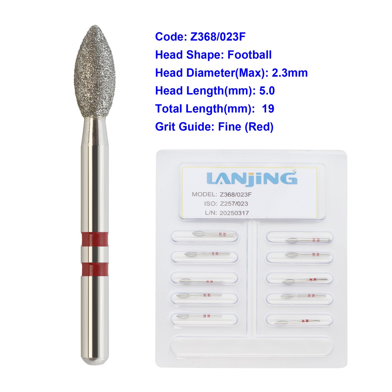 Zirconia Adjustment Burs Diamond Z368/023F Football FG High Speed Burr Fine Grit