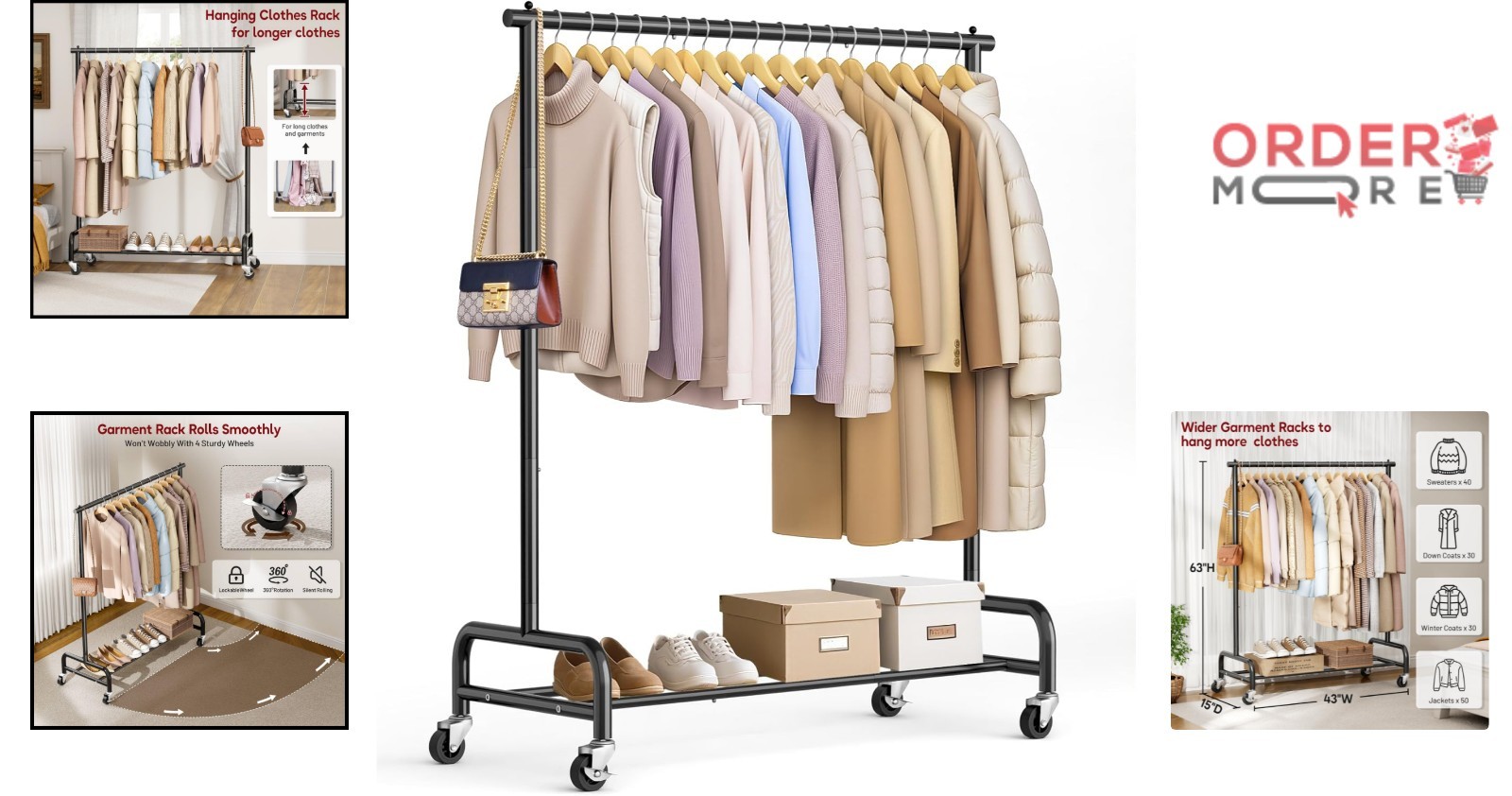 Heavy Duty Metal Clothing Rack 43W Rollers for Coats Shirts Dress Storage