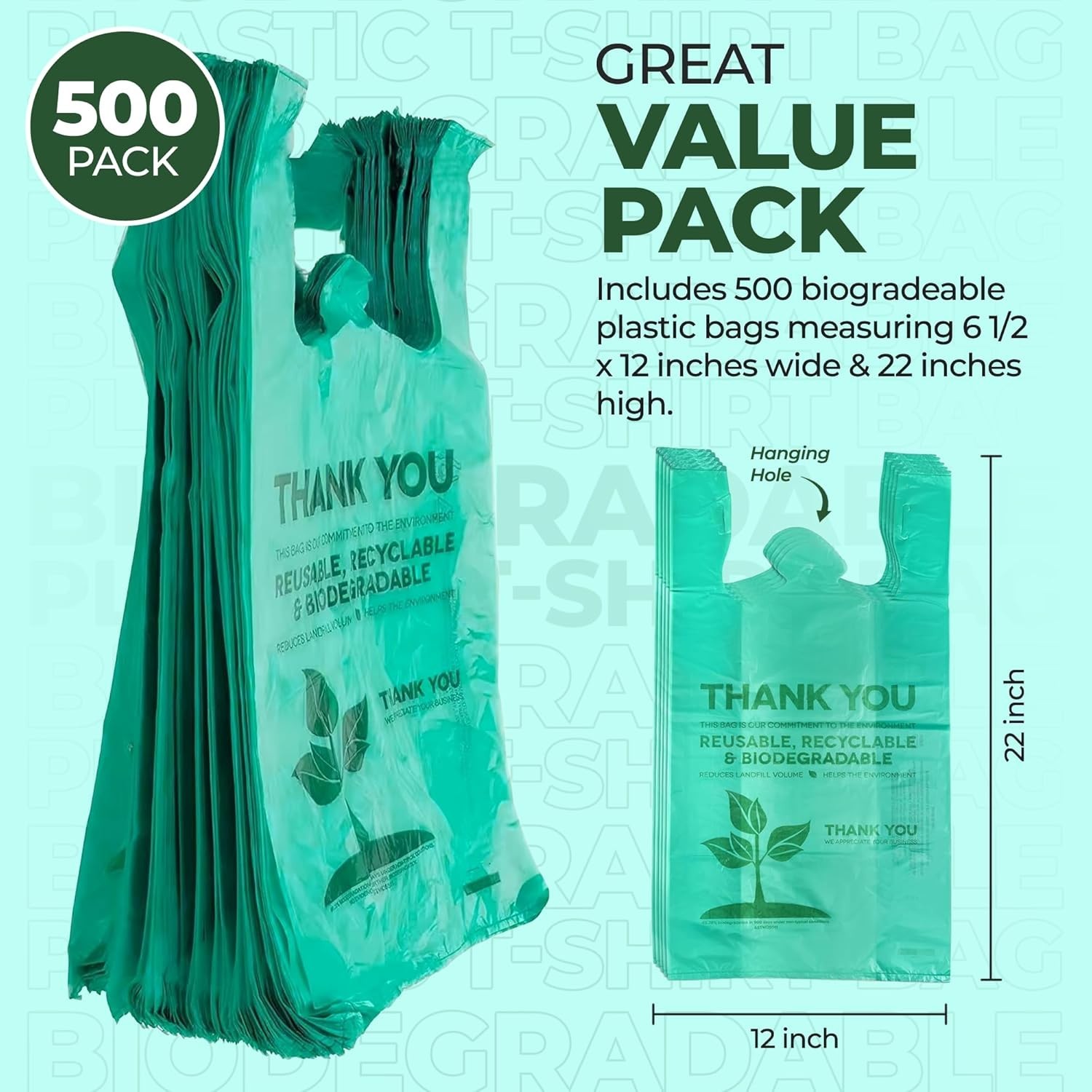 Bags 1/6 Large 22 x 6.5 x 12 Biodegradable T-Shirt Plastic Grocery Shopping Bags