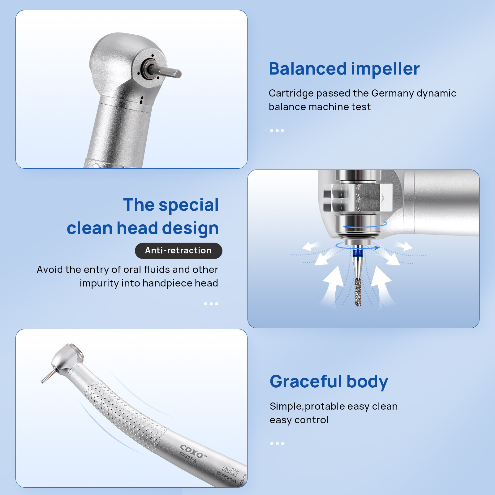 COXO CX207-A Dental Fiber Optic High Speed Handpiece Air Turbine Anti-retraction