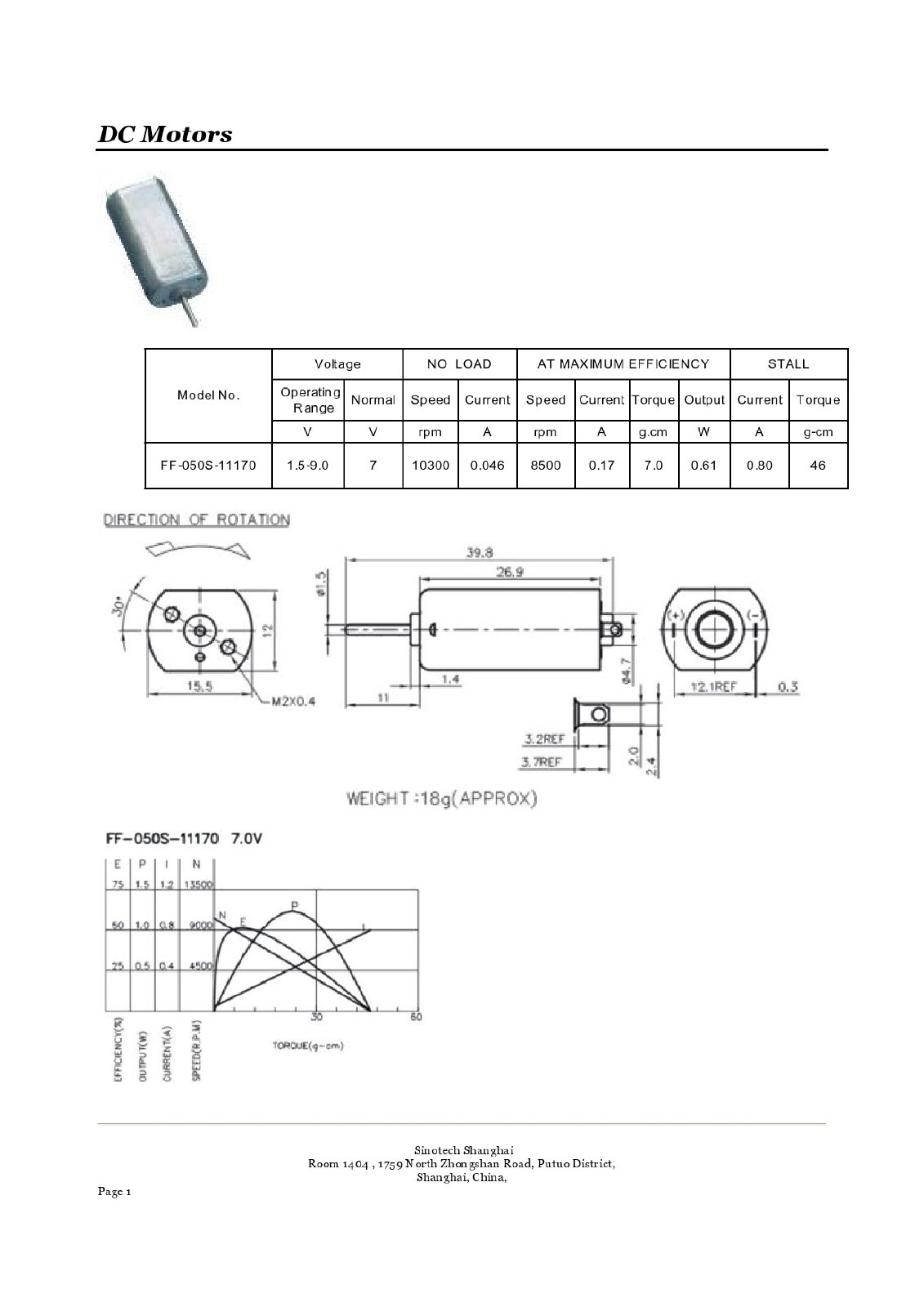 FF-050S Electric DC Motor – 7 VDC – 8500 RPM – 1.5 mm Shaft Diameter
