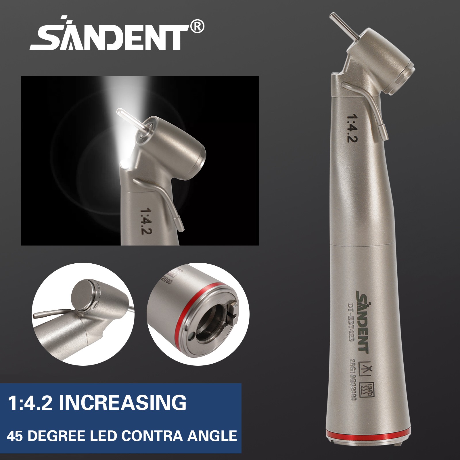 Dental Optic Fiber LED 1:4.2 Increasing Handpiece 45°Angle Head External Channel