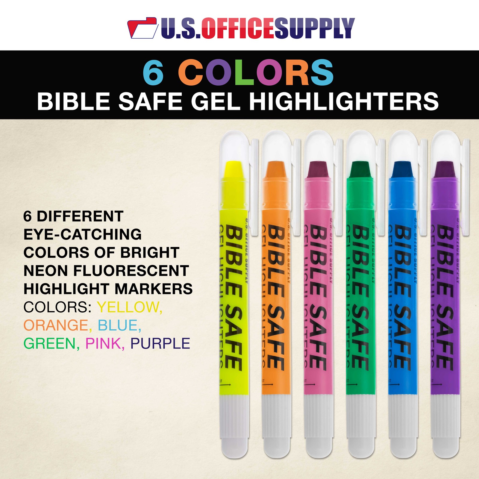 6 Bible Safe Gel Highlighters, Bright Neon Colors Yellow, Orange Pink Green Blue