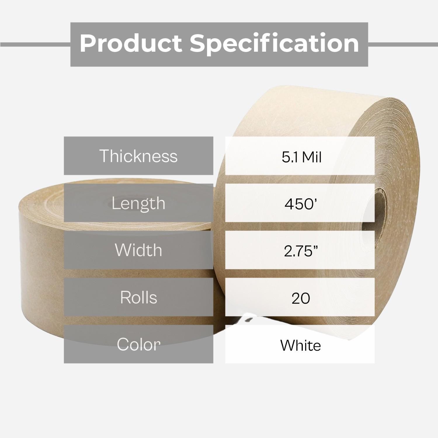 5.1 Mil White Kraft Paper Gum Tape 2.75 Inch x 150 Yards Wolverine Tape 20 Rls