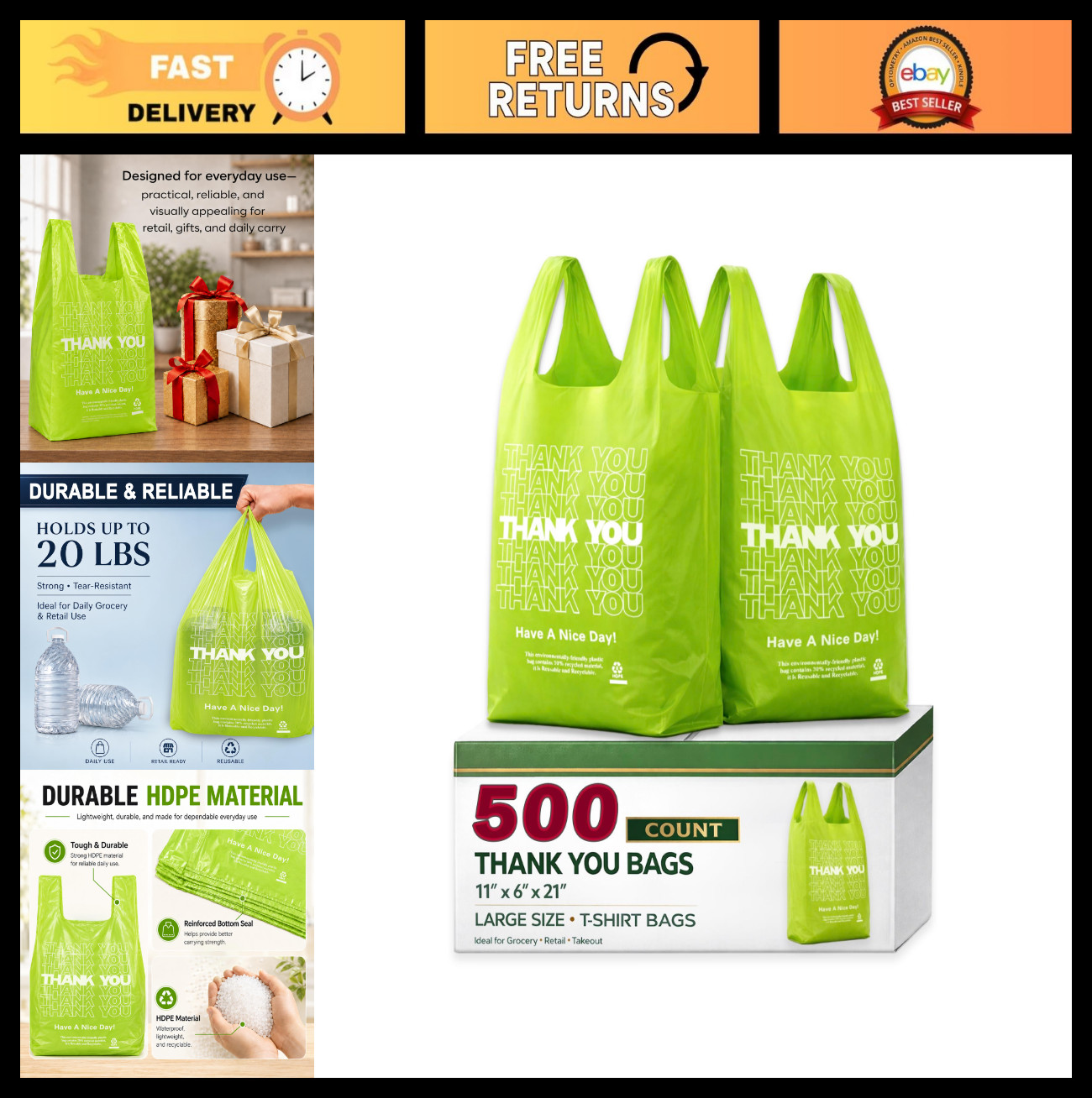 500 Count Green Plastic T-Shirt Bags 11″x6″x21″ – Grocery & Take-Out Shopping Ba
