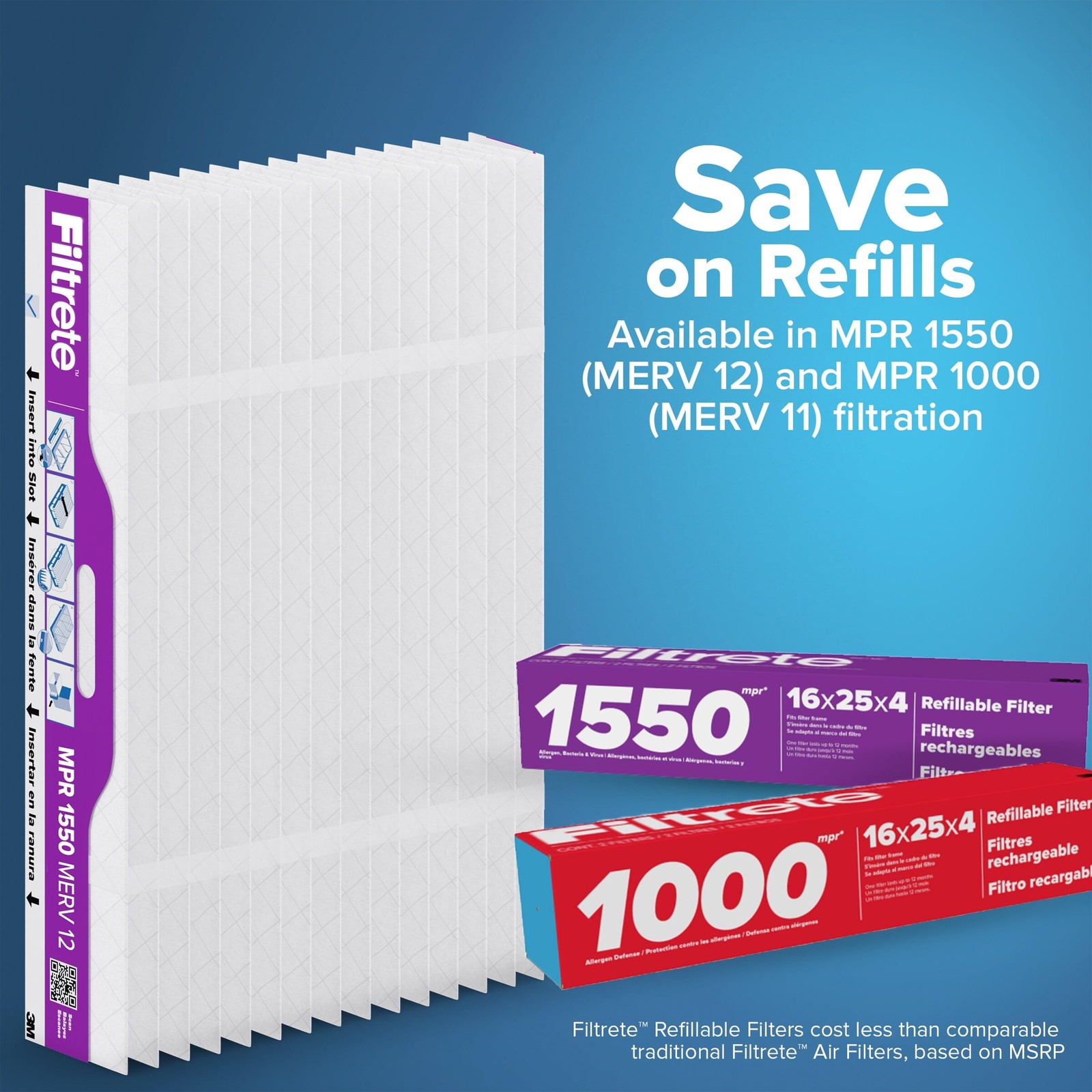 Filtrete 16x25x4 Refillable Air Filter Starter Kit, MPR 1550, 16x25x4, White