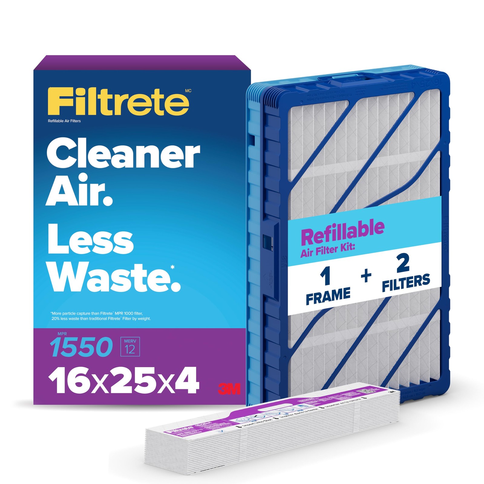 Filtrete 16x25x4 Refillable Air Filter Starter Kit, MPR 1550, 16x25x4, White