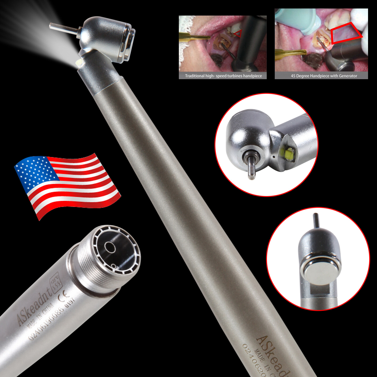 45 Degree Dental LED E-generator 45° Angle High Speed Handpiece 2 Hole ASkeadnt