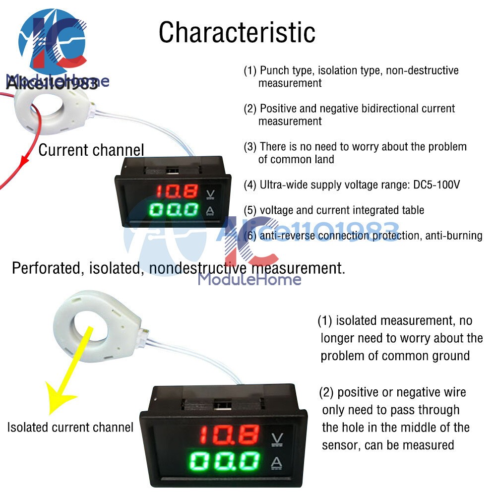 DC0-300V 50/100/200/400A Digital Current Voltage Meter Hall Ammeter Voltmeter