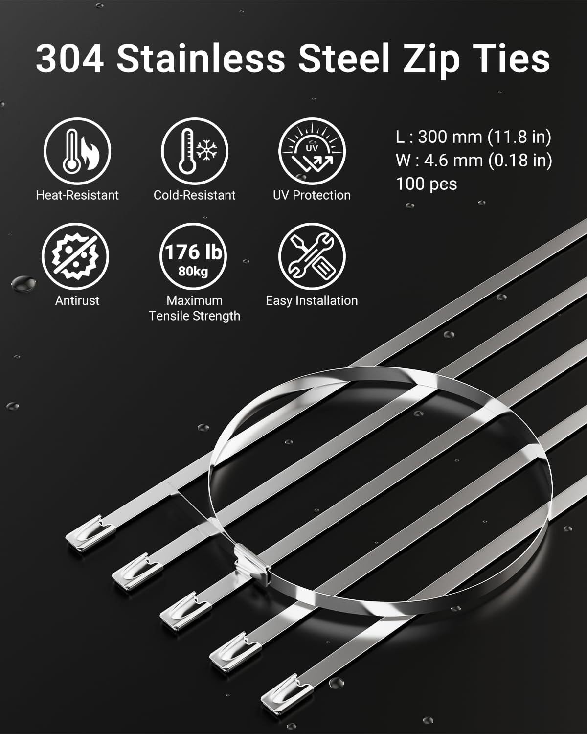 LEENUE Stainless Steel Cable Tie Gun Kit – 100 Pcs 11.8” Zip Ties, Black