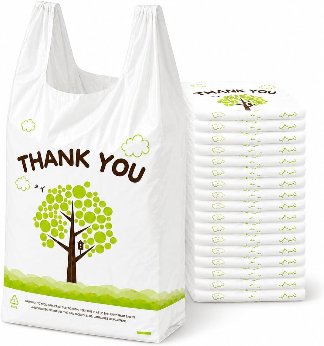 500 Count Plastic T-Shirt Bags, 11″ X 6″ X 21″, White-Green Tree, Grocery & Take