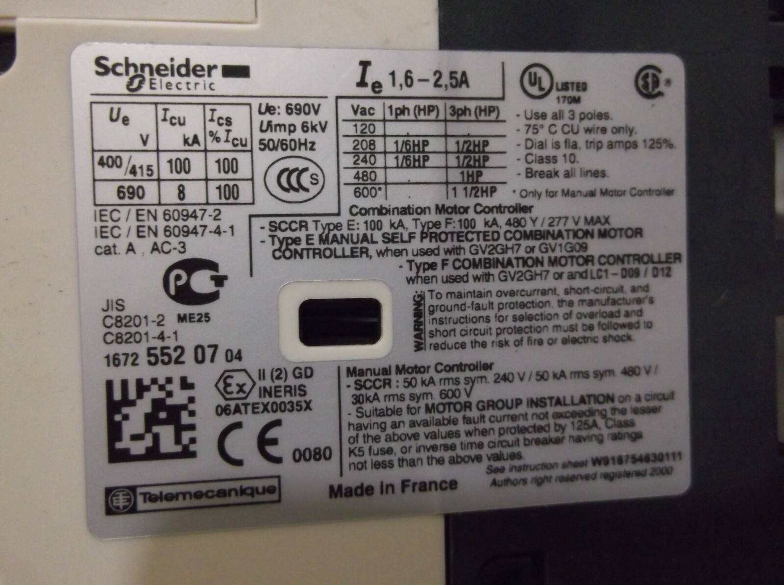 SCHNEIDER GV2-P07 / 1.6-2.5A CONTACTOR MANUAL STARTER MOTOR BREAKER (201)