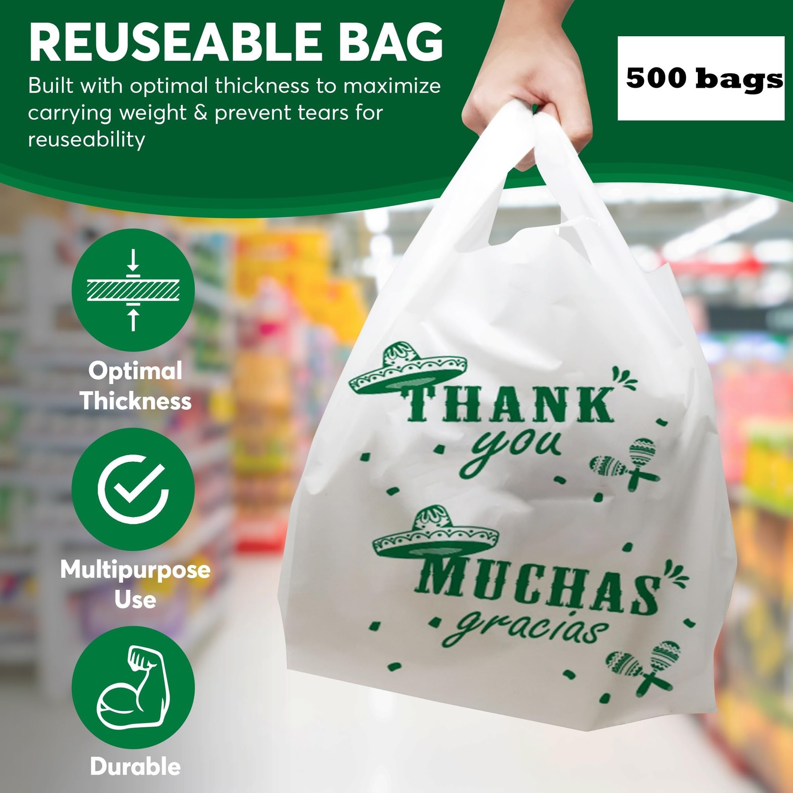 Bilingual Shopping Bags – Thank You/Muchas Gracias, White Plastic with Handle…