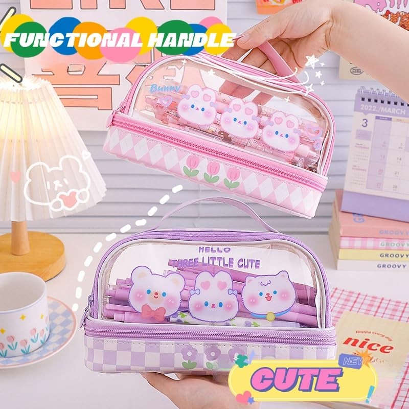 Bunny Pencil Pouch w/Handle Rabbit Kitten Bear Puppy Pen Case Cosmetic Bag Cl…