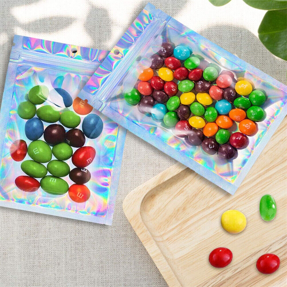 100/200 Holographic Mylar Foil Bags Smell Proof Resealable Zip Pouches Black