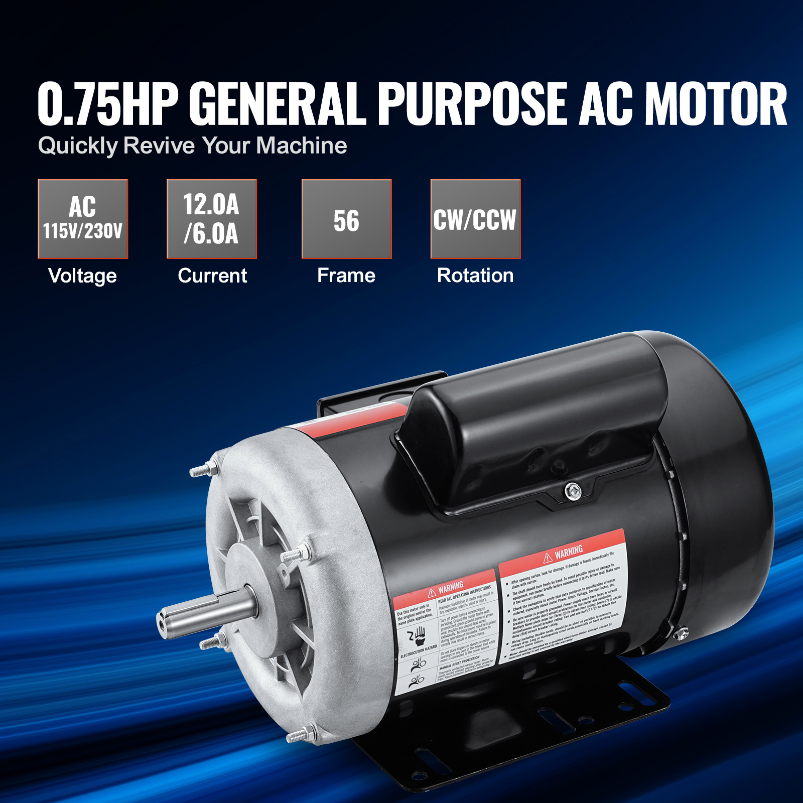 VEVOR 3/4 HP Electric Motor 1725RPM AC115/230V 56 Frame 1-Phase 5/8″ Keyed Shaft