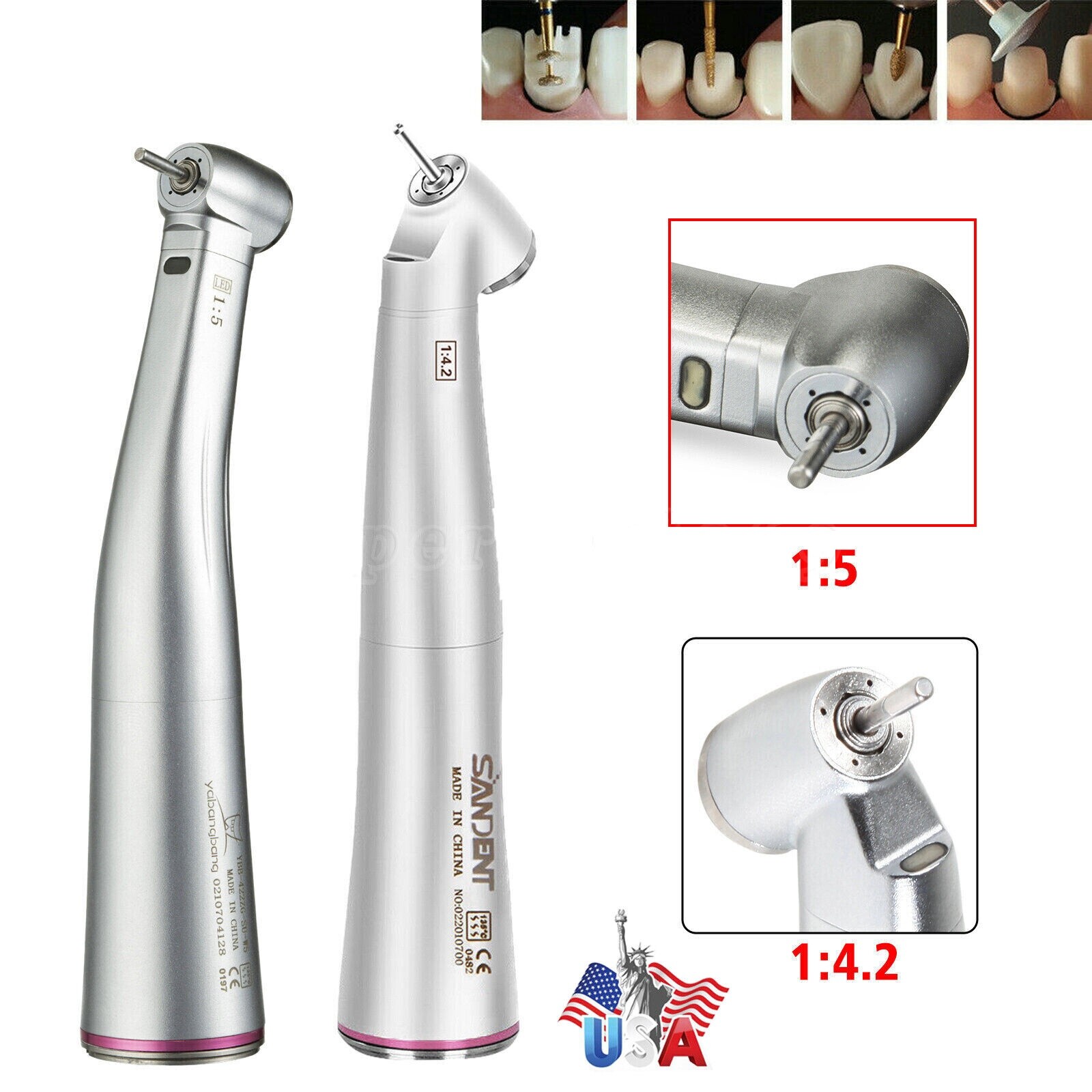 Dental 1:5 1:4.2 LED Fiber Optic Contra Angle Handpiece Fit NSK Ti-MAX X95L/KaV