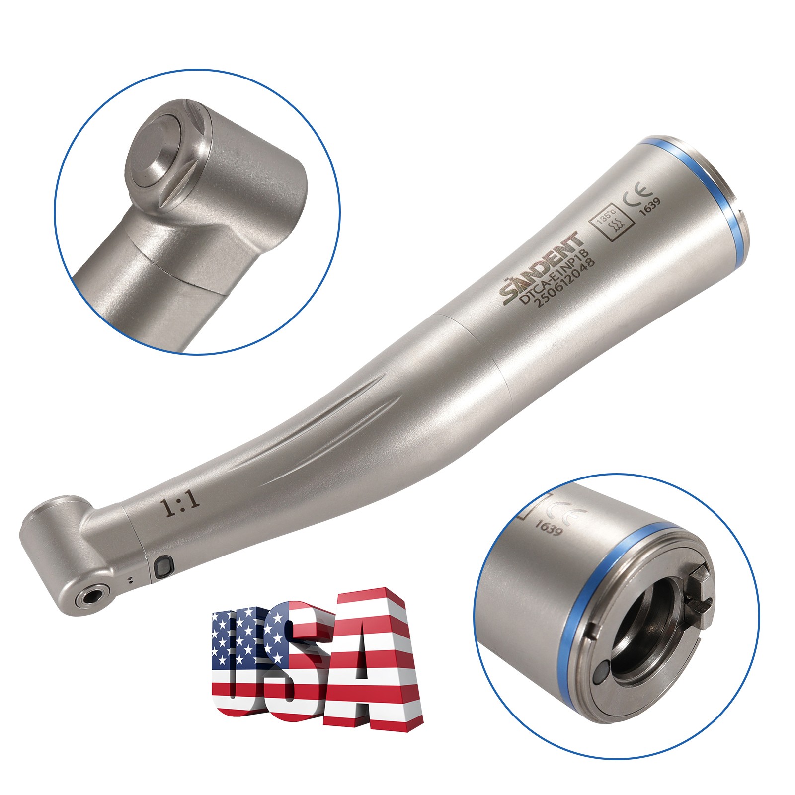 SANDENT Dental 1:1 Fiber Optic LED Contra Angle Handpiece Push Button E-type SA