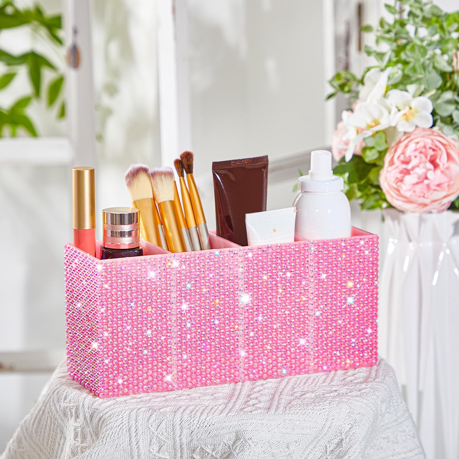 Bling Desk Organizer for , Rhinestone Pen Makeup Brush Holder, Girly Desk Org…
