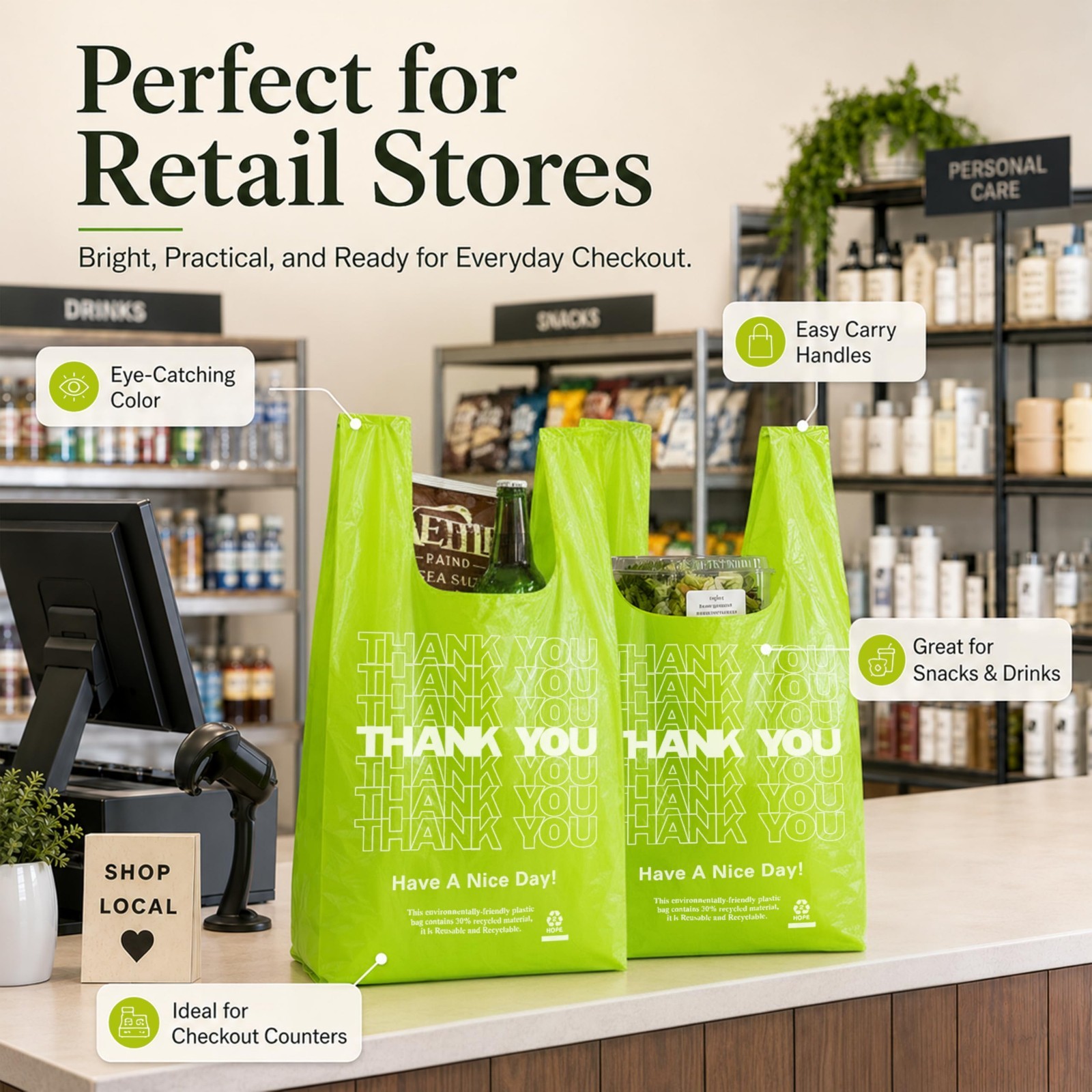 500 Count Green Plastic T-Shirt Bags 11″x6″x21″ – Grocery & Take-Out Shopping Ba