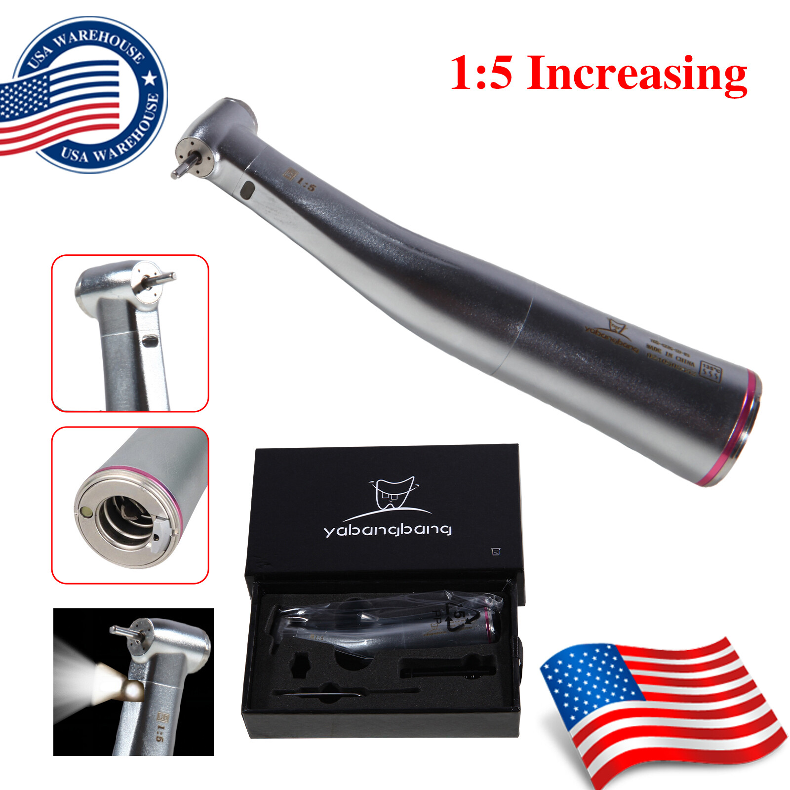 NSK Ti-MAX X95L Style Dental 1:5 LED Fiber Optic Contra Angle Handpiece Red Ring