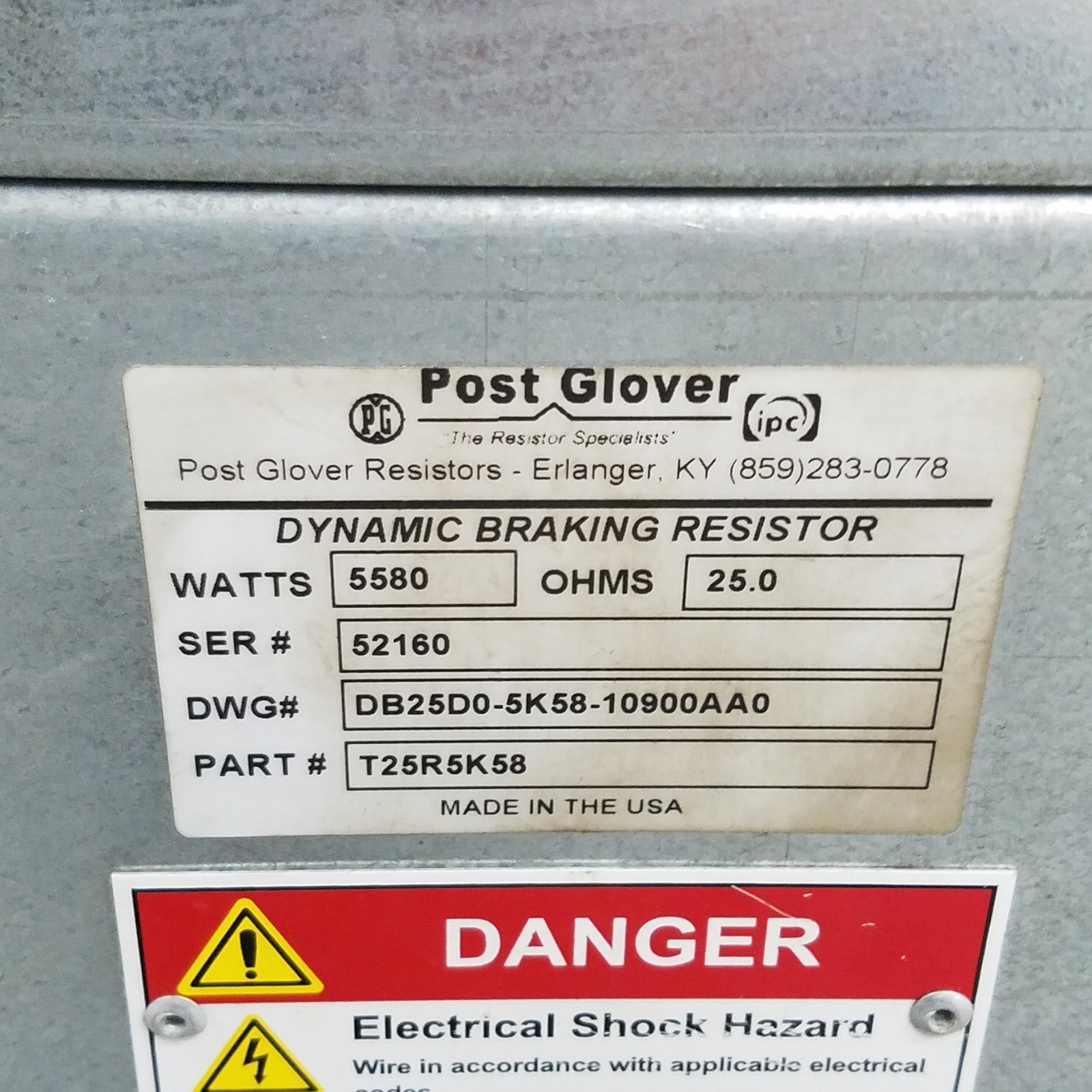 Post Glover T25R5K58, DB25D0-5K58-10900AA0, 25 OHMS, 5580 Watts Braking Resistor