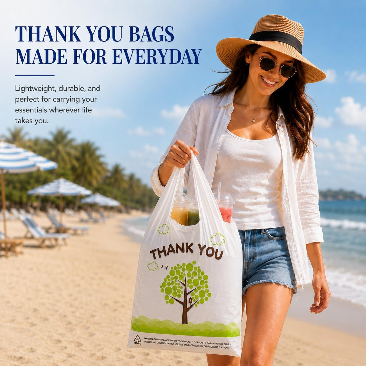 500 Count Plastic T-Shirt Bags, 11″ x 6″ x 21″, White-Green Tree, Grocery & Take