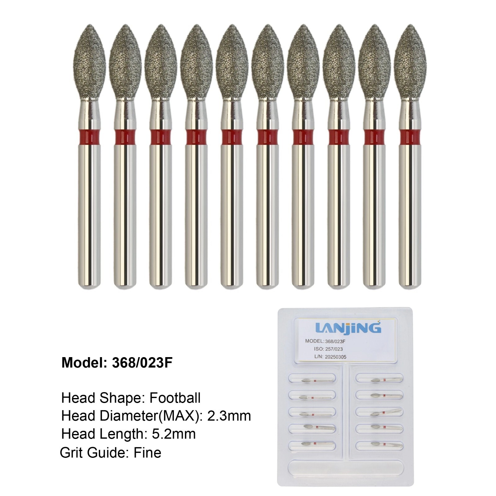 Dental Diamond Burs Football Bur 368/023F Pointed Fine Grit FG High Speed Burr