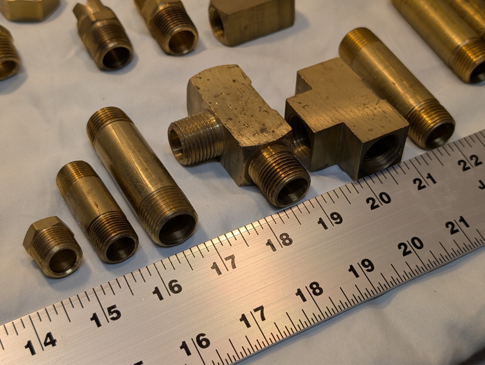 13 pounds of Brass fittings: 90 degree, nipples, 3/4″, 1/2″, valves, TAKE A LOOK